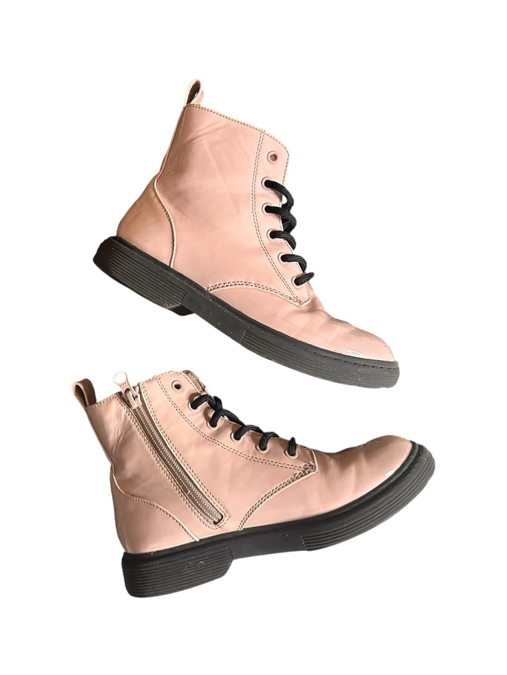 Light Pink with Black Lace Lace-Up Ankle Combat Boots with Side Zipper